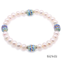 unique pearls jewellery store 7 7 5mm white color natural freshwater pearl bracelet rhinestone cloisonne elastic bracelet