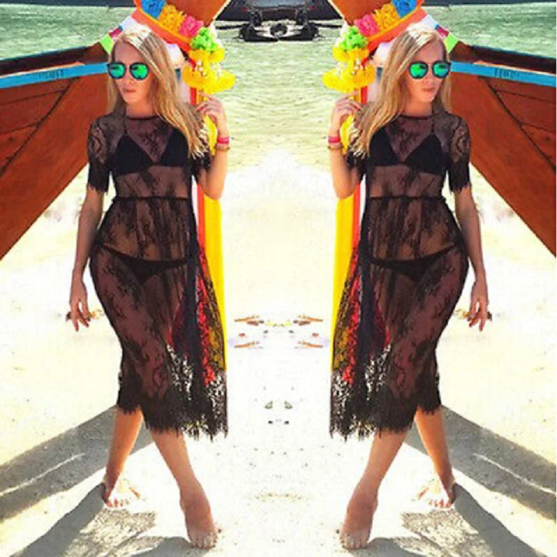 Черная Прозрачная Сексуальная Пляжная накидка кружевная вышитая сетчатая