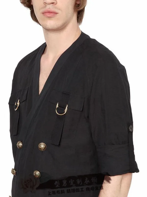 Женская! 2018 модная мужская двубортная жидкая рубашка с коротким рукавом Тонкая