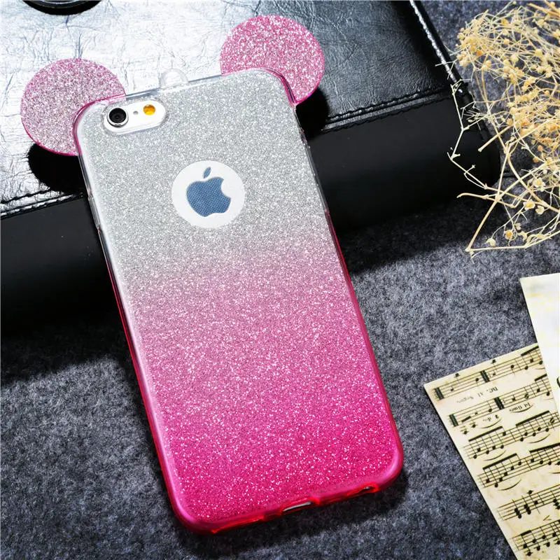Shiny Soft TPU Phone Case For iPhone 6 6S 6Plus 6sPlus Cute 3D Mouse Ears Glitter Powder Gradient Colors Back Cover Hang Rope |