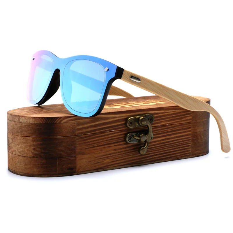 

Ablibi Rimless Bamboo Wood Sunglasses One Piece Colorful Mirror Reflective Eyeglasses for Men Women in Wood Case