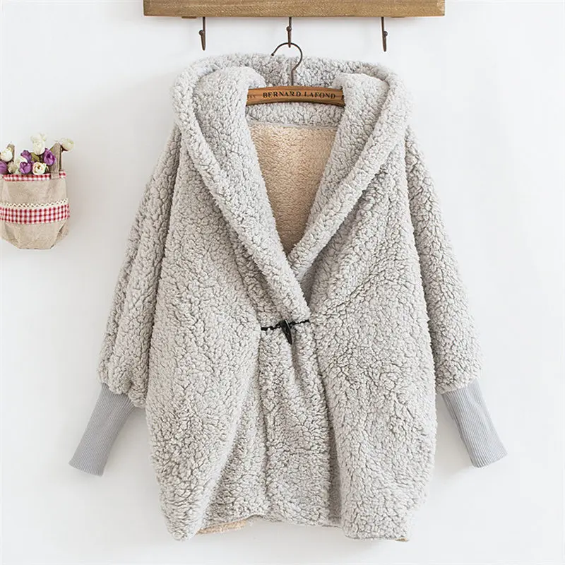 grey Newbestyle, женская верхняя одежда с капюшоном, зимняя, модная, дизайнерская, женская, рукав "летучая мышь", свободный, уличная, овечья шерсть, пальто с капюшоном, куртки - Цвет: grey