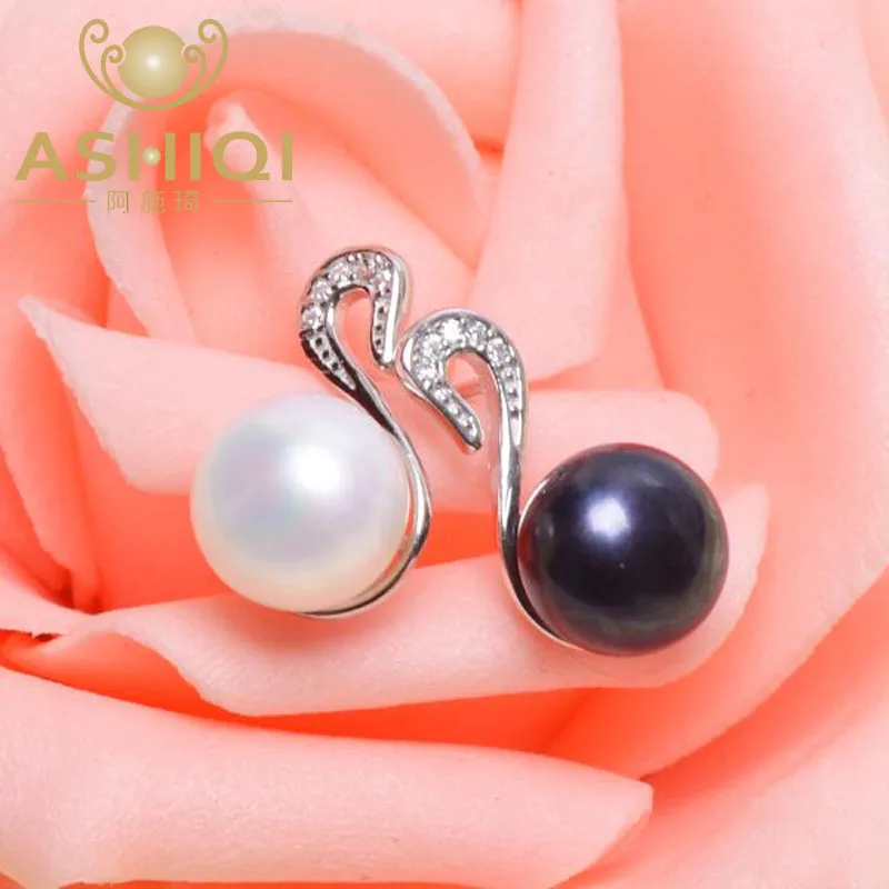 ASHIQI 925 Sterling Silver Black Swan Frewshwater Pearl Earrings White 7.5-8mm Natural Jewelry for women | Украшения и аксессуары