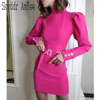 spring sexy bodycon long sleeve red women dress with belt elegant mini party dress ladies office work wear short vestidos mujer