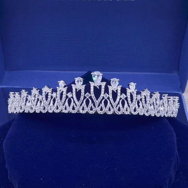 

SLBRIDAL Crystals Rhinestones Pearls Copper Cubic Zircon Wedding Tiara CZ Bridal Queen Princess Pageant Party Crown Bridesmaids