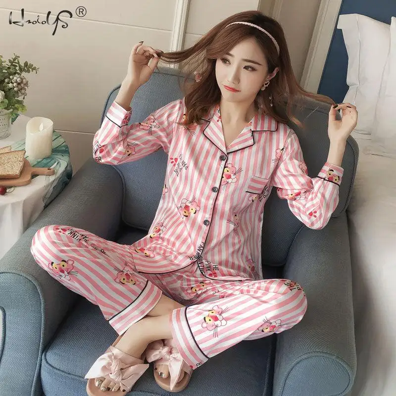 Осенне зимняя Женская атласная пижама в полоску шелковая с длинным рукавом