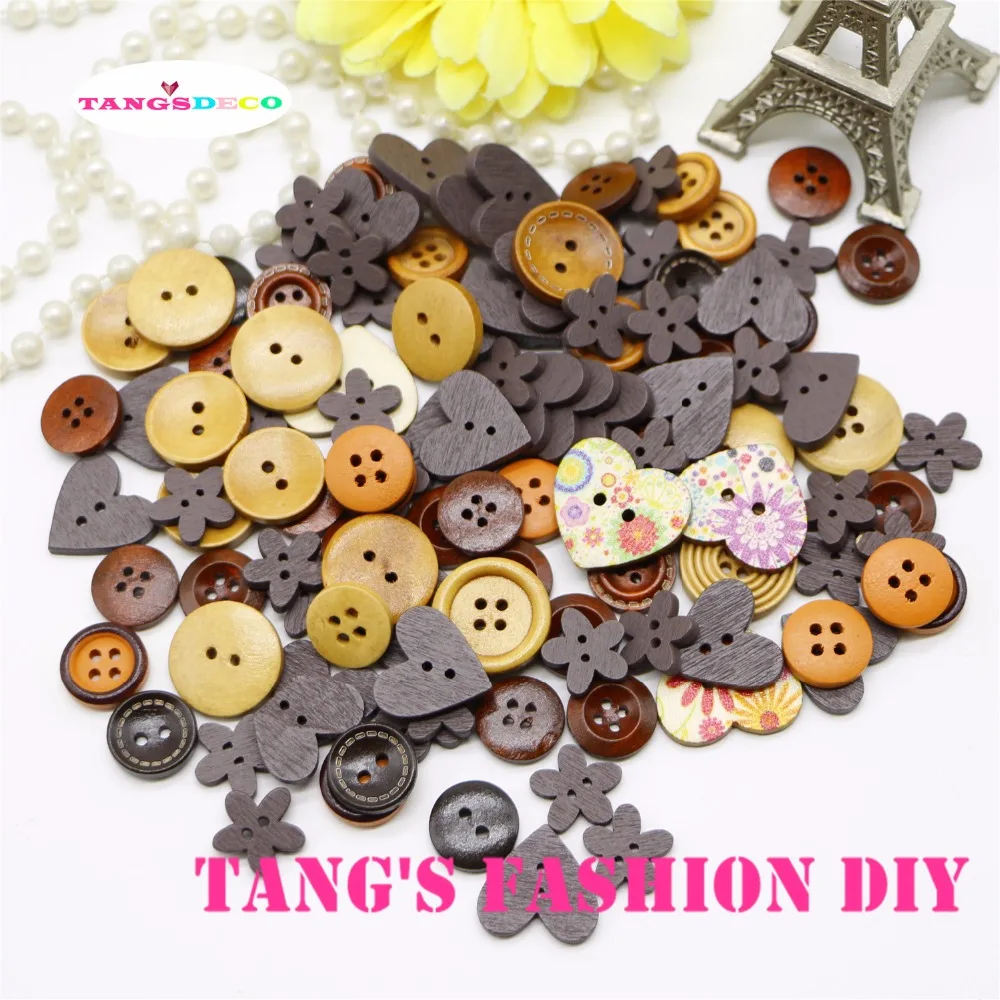 100 шт. --- Разноцветные деревянные пуговицы коричневого/кофейного цвета/разные