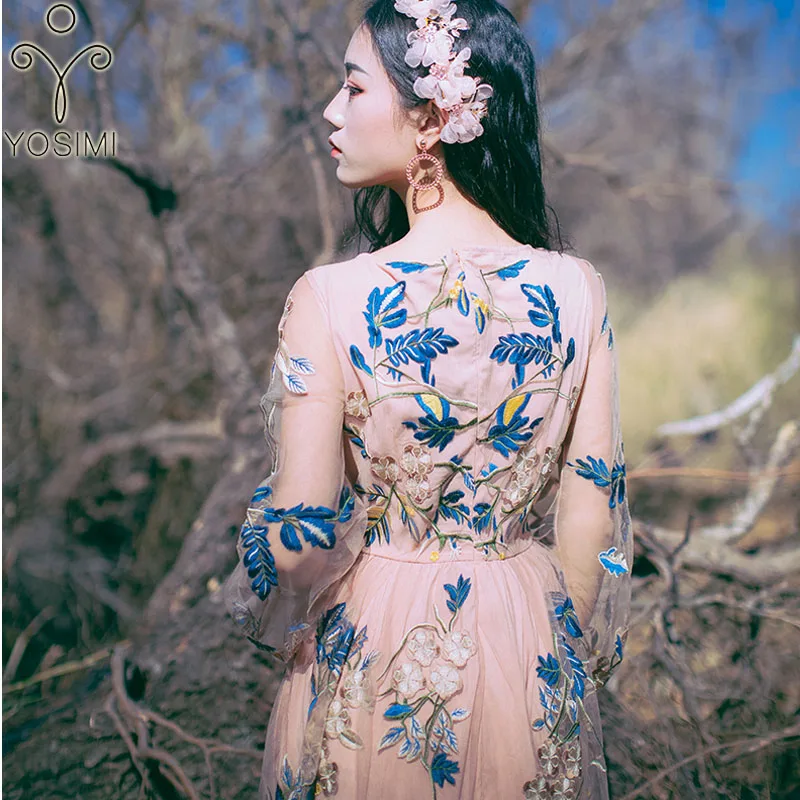 Женское платье с длинным рукавом YOSIMI длинное винтажное цветочной вышивкой