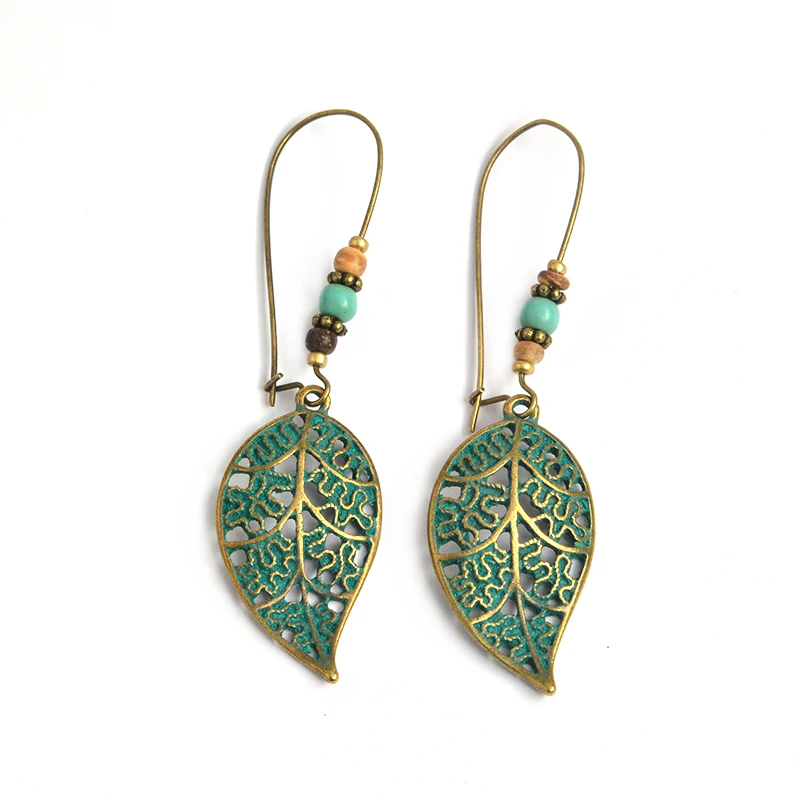 

Bronze Hollow Leaf Leaves Drop Earrings Vintage Bohemia Beads Dangle Earrings For Women Girl Fashion BOHO Beach Hoilday Jewelry