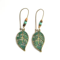 bronze hollow leaf leaves drop earrings vintage bohemia beads dangle earrings for women girl fashion boho beach hoilday jewelry