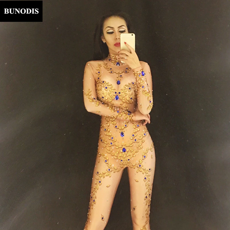 BU058 Gold Queen Full Of 1600 PCS Sparkling Crystals Stones Jumpsuit Christmas Celebrate Nightclub Performance Stage Bodysuit | Женская