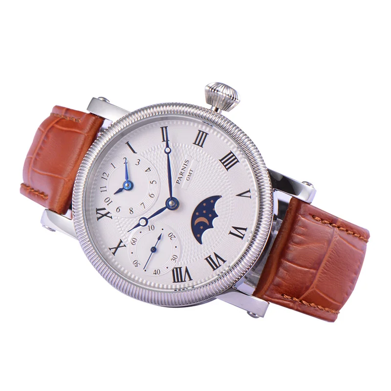 Brown White Мужские часы Parnis с ручным намоткой, корпус PVD, синие руки, белый циферблат, черный кожаный ремешок, мужские механические ручные ветряные подарочные часы для мужчин - Цвет: Brown White