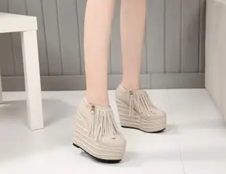 12CM Женские туфли на высоком каблуке и платформе с круглым носком; сезон весна-осень; туфли-лодочки на танкетке с бахромой; женские туфли-гладиаторы на высоком каблуке - Цвет: 12CM