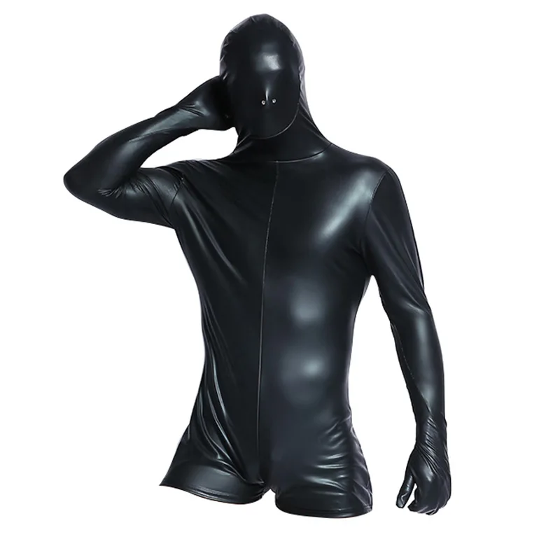 

Сексуальное мужское белье, комбинезон с капюшоном, соблазнительная одежда, черный лакированный экзотический комбинезон из искусственной к...