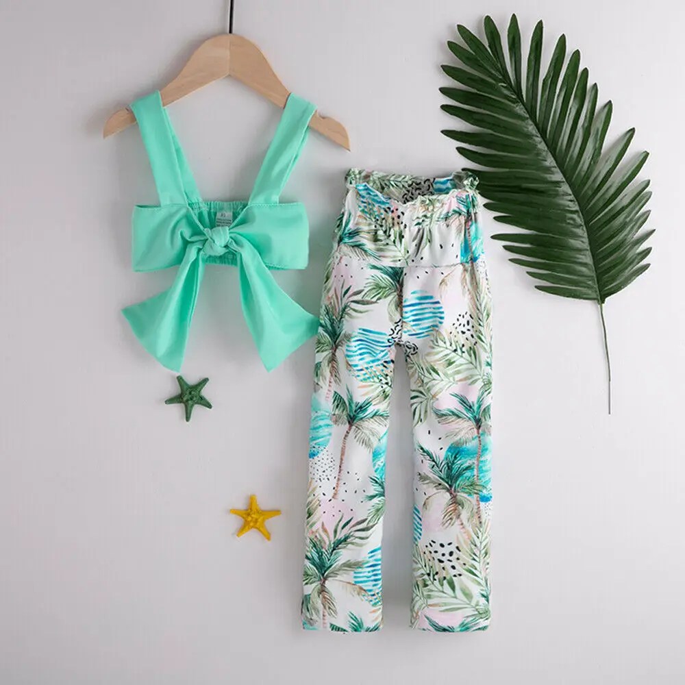 Pudcoco 2019 Brand Cute Fashion Kids Baby Girl Summer Bow-knot Crop Off Shoulder Outfits Tube Top+Floral Pants 2PCS Clothes Set | Детская