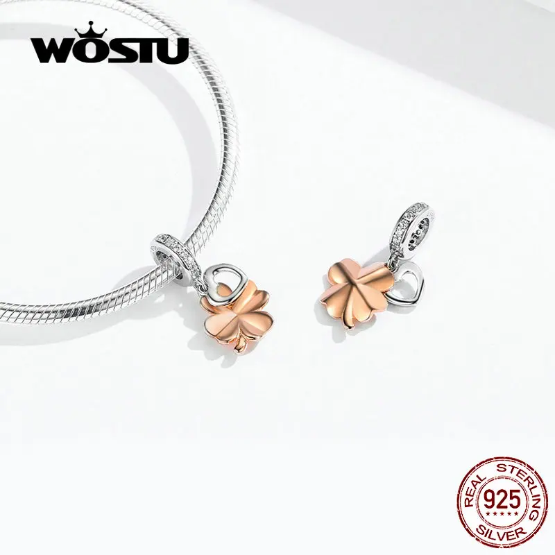 WOSTU розовое золото четыре листа сердце болтается шарм Стерлинговое Серебро 925