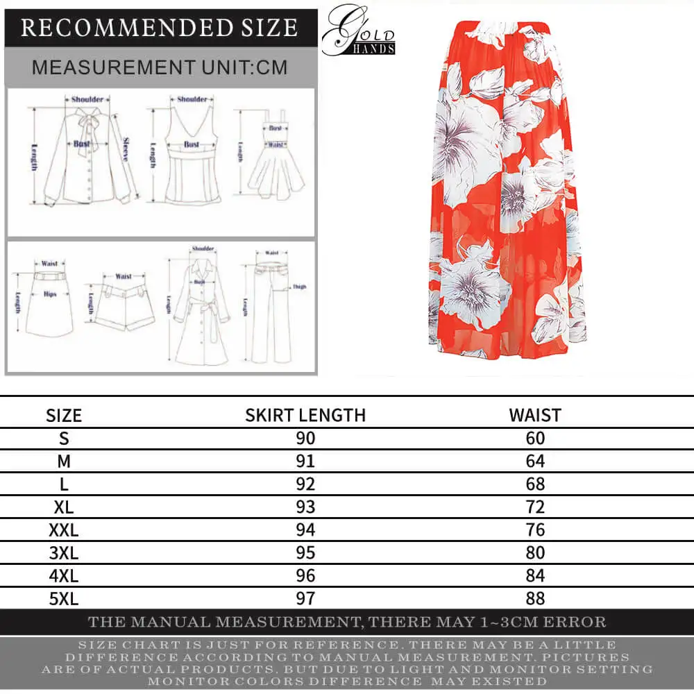 Gold Hands Chiffon High Waist Long A-Line Skirt European and American New Printed Sweet Skirts Summer 2019 Plus Size Women | Женская