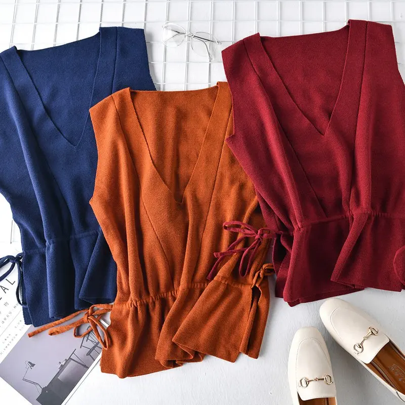 Женский вязаный жилет с кулиской шерстяной v-образным вырезом свитер без рукавов