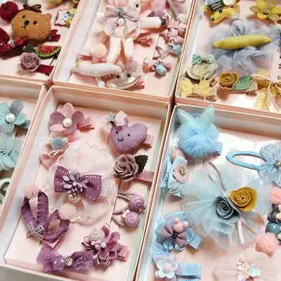 Girls Hairpins Boutique Gift Box Set Kids Bowknot Crown Pompom Hair Clips Elastic Hairband Accessories | Детская одежда и обувь