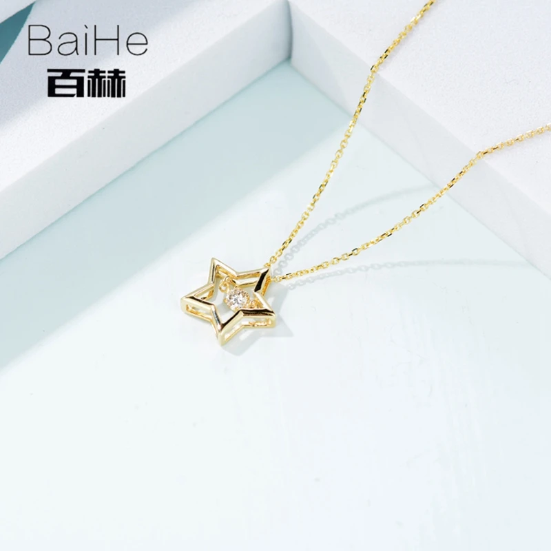 BAIHE Solid 18K Yellow Gold 0.08ct H/SI Natural Dancing Diamond Women Trendy Fine Jewelry Gift beautiful Star Necklaces | Украшения и