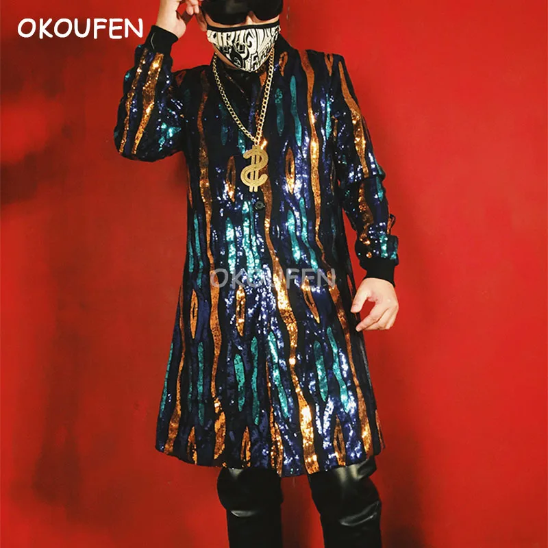 

New fashion male singer DJ DS sequin costumes long coat nightclub bar hairdresser stage wear