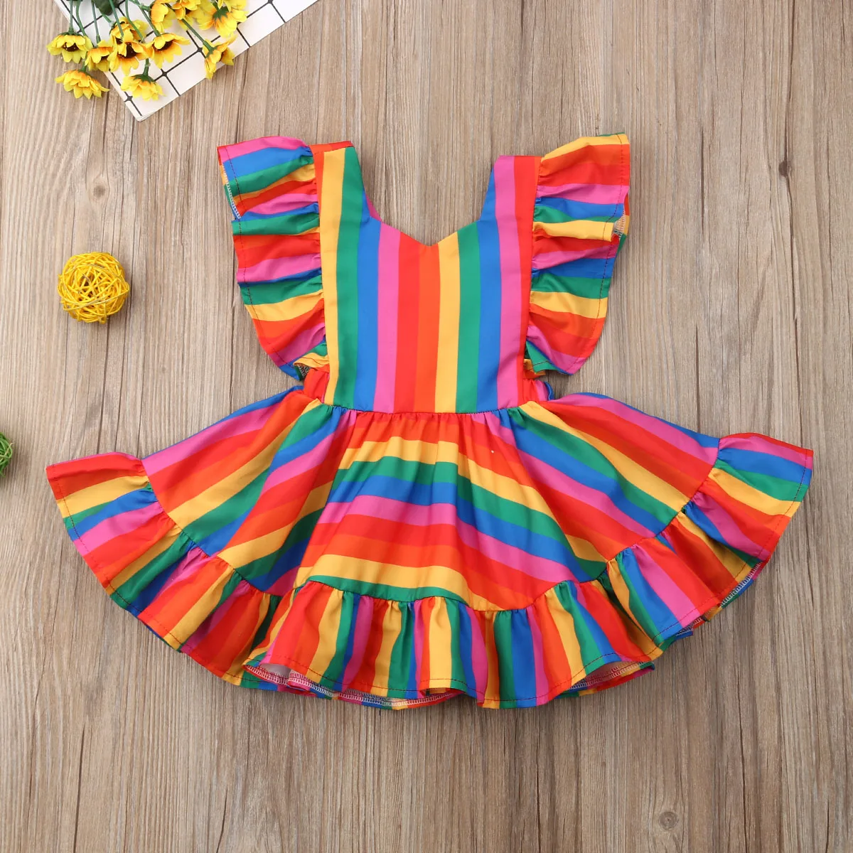 Lovely Infant Newborn Baby Girl Ruffles Sleeve Rainbow Striped Tutu Princess Girls Holiday Party Dresses Sundress Clothes | Детская