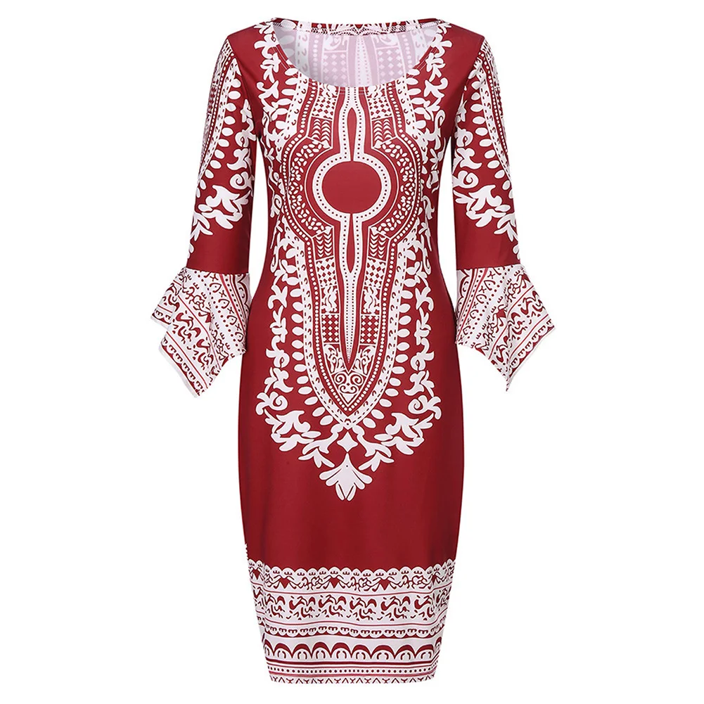 Fadzeco африканские платья для женщин Дашики 3/4 рукав цветочные Bodycon миди платье этнический Племенной печати летнее платье карандаш