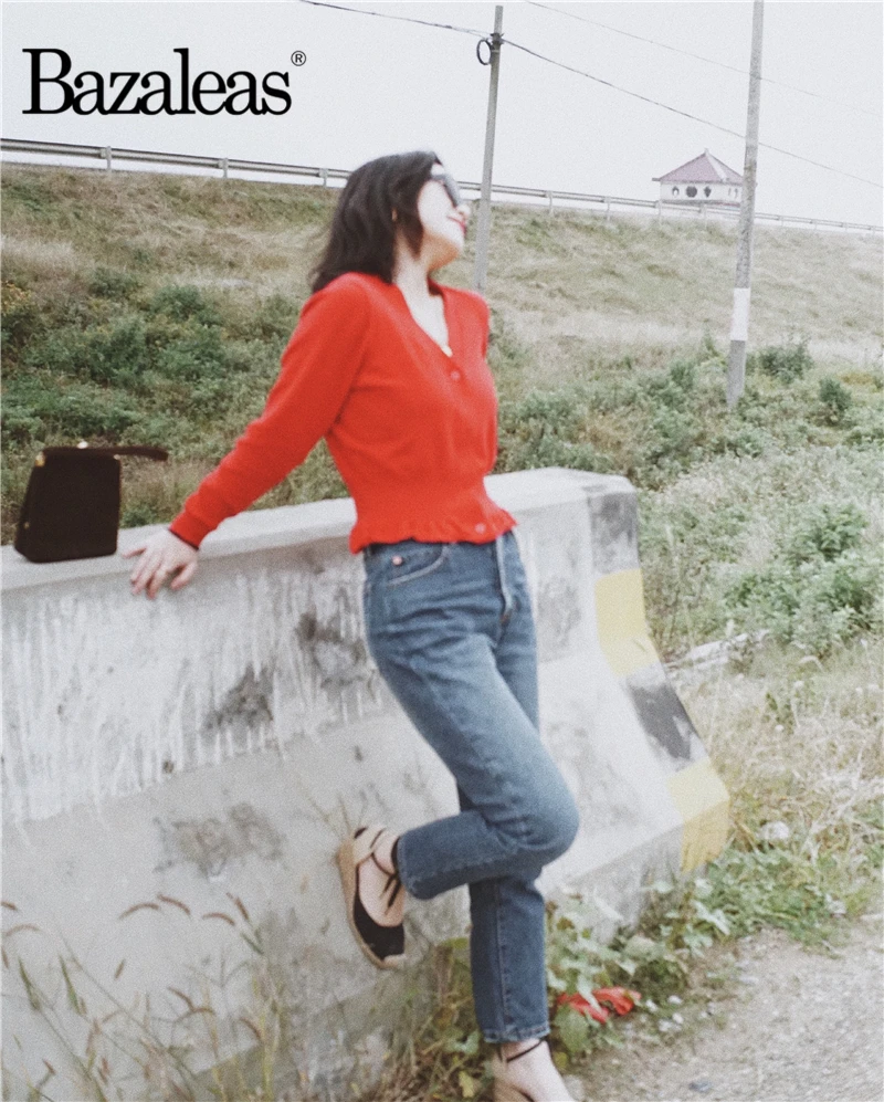 Bazaleas Autumn Vintage waistcoat V Neck harajuku Kintted Carfigans Fashion red Women Sweater Casual Bottom Ruffles |