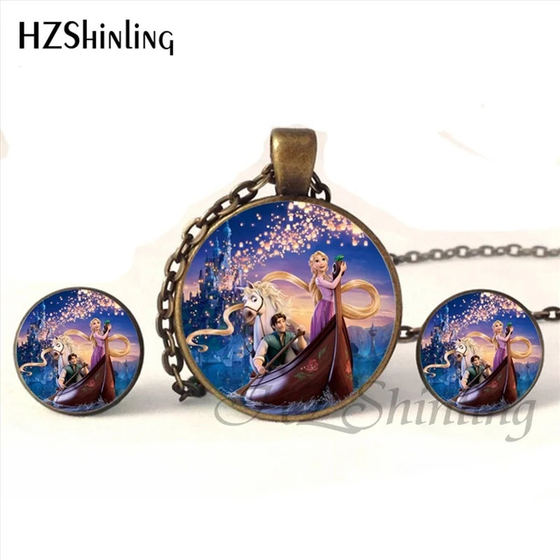 4 NR-007, Модный Ювелирный Набор Рапунцель, красивый стеклянный кабошон для принцессы Рапунцель, ожерелье с круглыми серьгами-гвоздиками для девочек - Окраска металла: 4