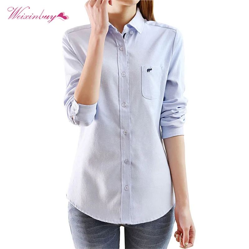 

Summer Women Embroidery Long Sleeve Loose Blouse Turn-down Collar Blouses Ladies Casual Tops Blue White