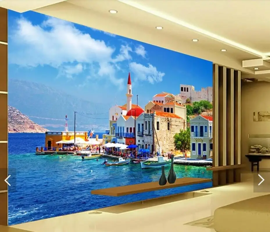 3D фото на заказ Современный греческий Эгейский морской замок пейзаж Настенные