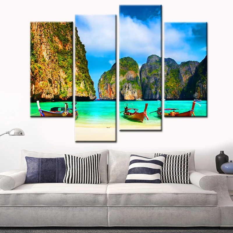 Модульные настенные картины 4 панели холст печать деревянная Лодка на океане и