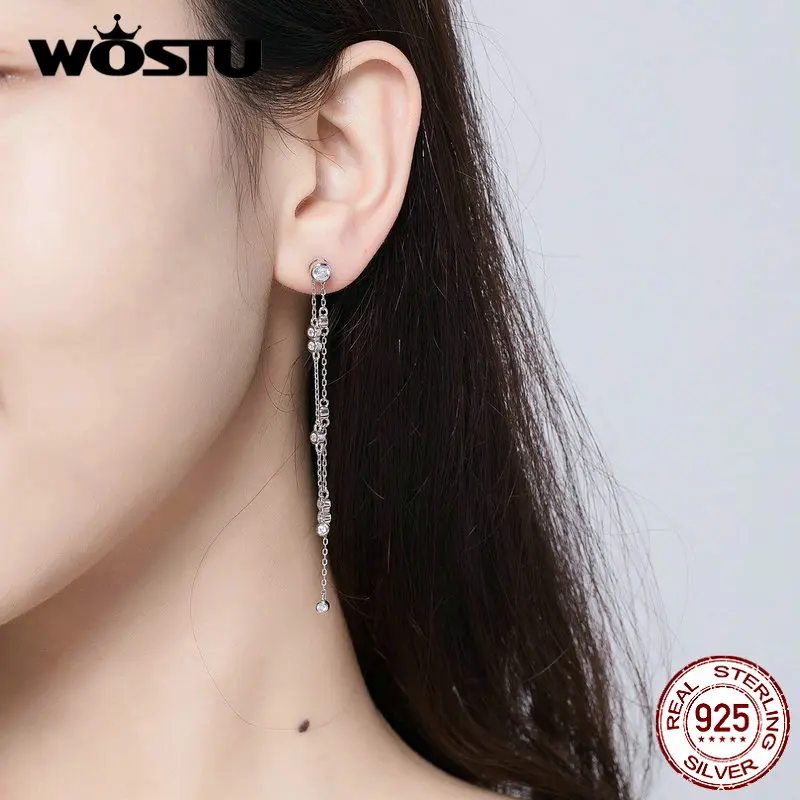 WOSTU длинные висячие серьги с капельками, 925 пробы, серебро, кристалл, CZ, цепочка, висячие серьги для женщин, роскошные ювелирные изделия, подарок FNE102