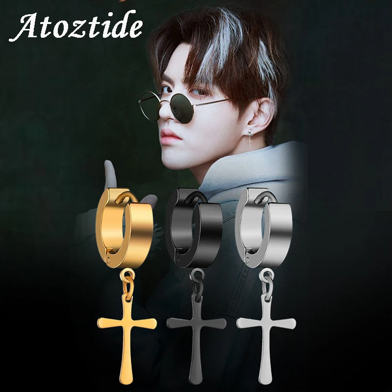 Atoztide 1pcs Stainless Steel Piercing Cross Stud Earrings For Women Men Personality Black Tassel Barbell Party | Украшения и