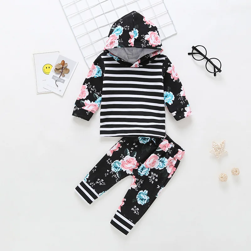 Newborn Children Winter Spring Baby Girl Clothes Long Sleeve Hoodie floral Tops Pants 2 Pieces infant girls clothing Outfit Set | Детская