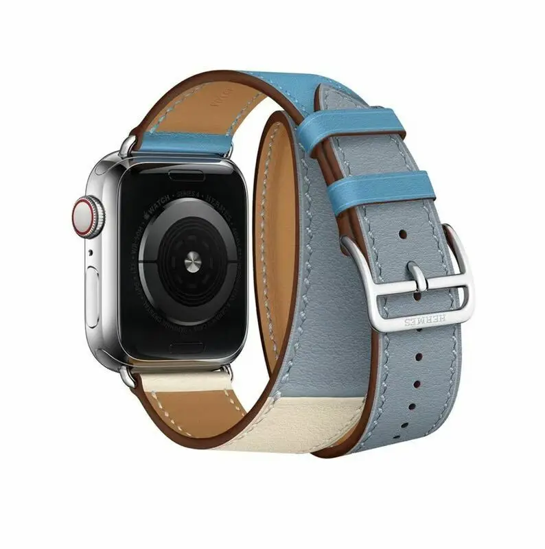 Double Blue Beige Кожаный двойной тур петля Напульсники браслет ремешок разноцветные ремешок для наручных часов для Apple Watch Series 5/4/3/2 40 мм/44 мм/38 мм/42 - Цвет ремешка: Double Blue Beige