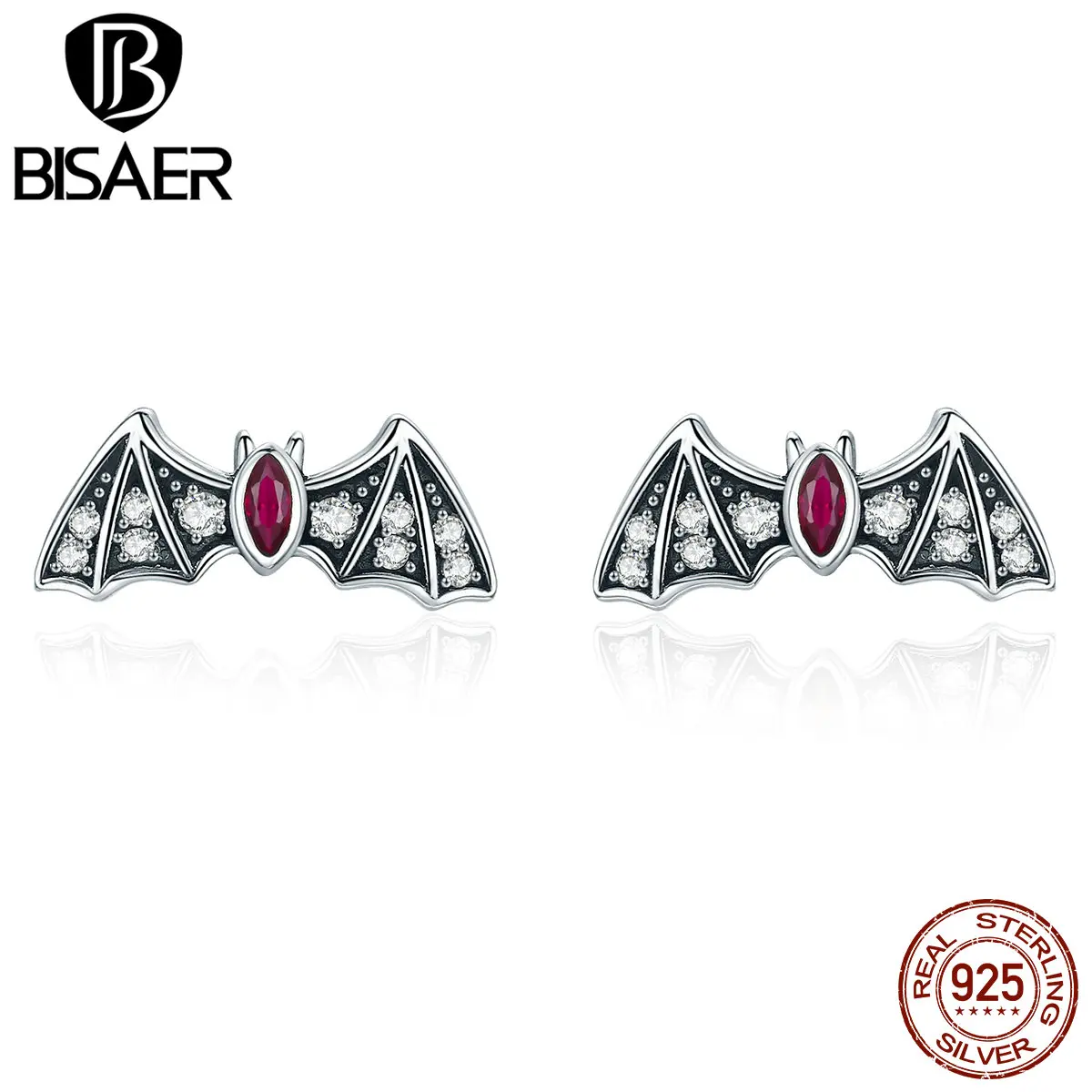 BISAER, серьги, 925 пробы, серебро, летучая мышь, маленькие серьги-гвоздики для женщин, прозрачный Фианит, модные серебряные серьги, ювелирное изделие EFE004