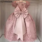 Розовое вечерние чное платье с цветочным принтом для девочек; vestido daminha; Пояс с жемчугом платье с бантом и рукавами-крылышками для девочек; Кружевное платье для первого причастия