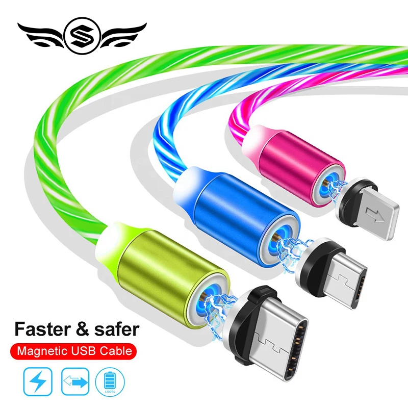 Flowing Light Magnetic Micro USB Cable For Samsung Type-c Charging Charge For iPhone 1M Magnet Charger USB Type C Cables