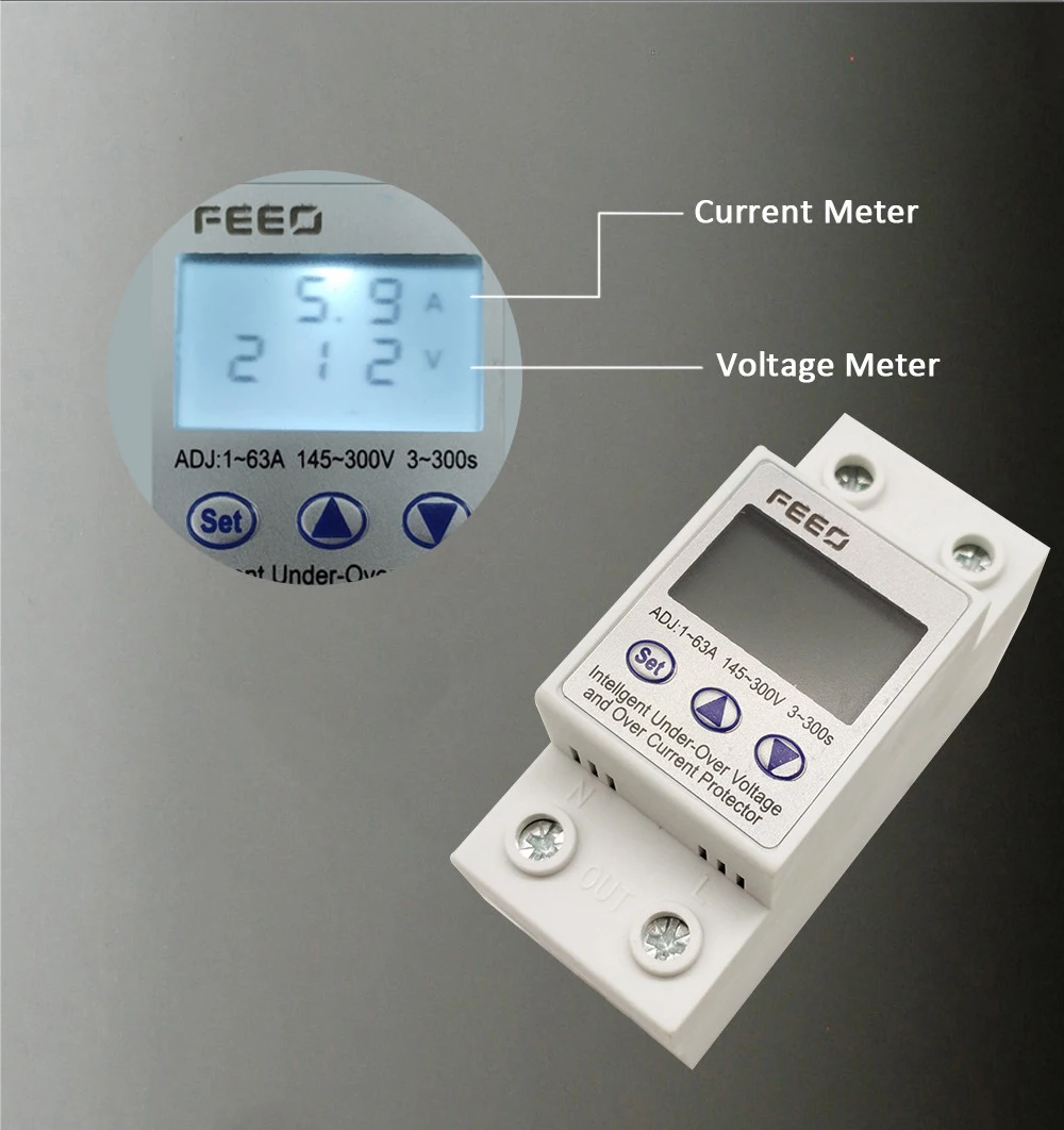 FEEO 1-63A 140-300V over voltage and under voltage protective device protector protection relay with voltmeter