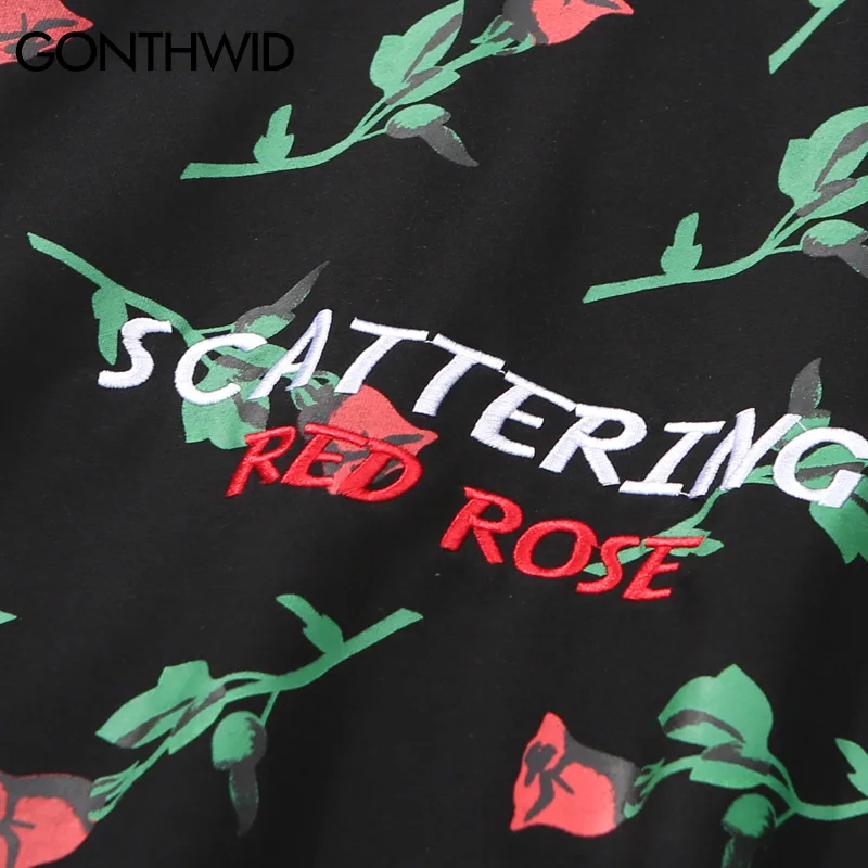 GONTHWID красная роза полный печатных вышивка худи с надписью мужские хип хоп