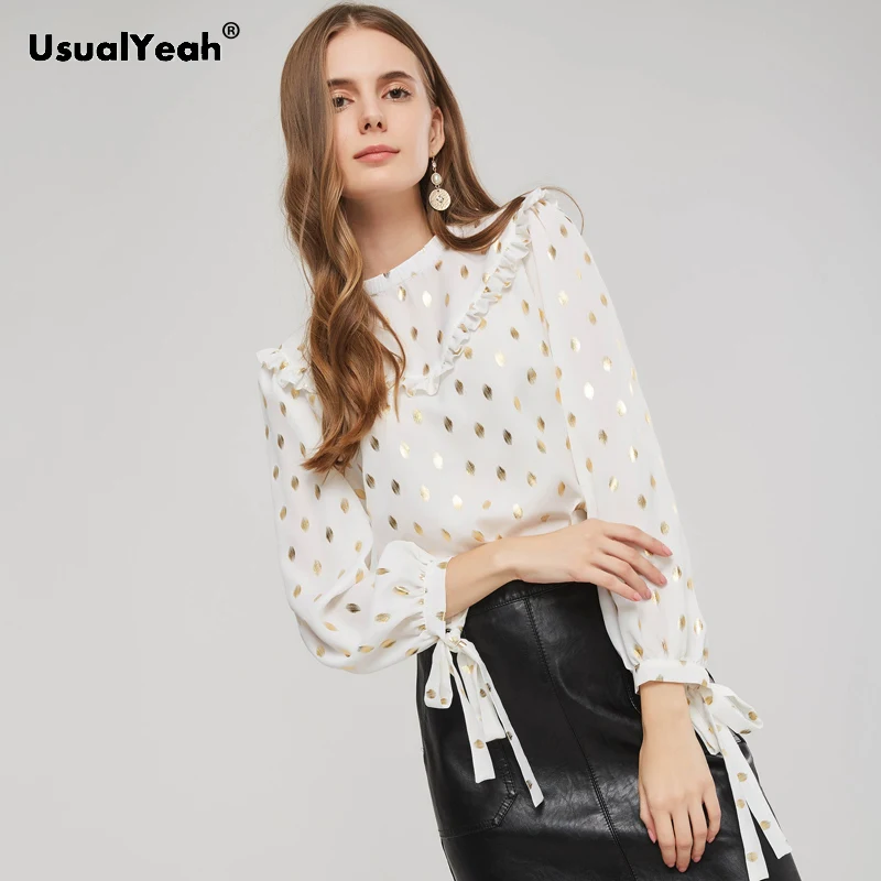 

UsualYeah Glitter Polka Dot Chiffon Blouse Bow Tie Long Sleeve OL Stand Collar Ruffles Elegant Womens Tops for Spring Autumn