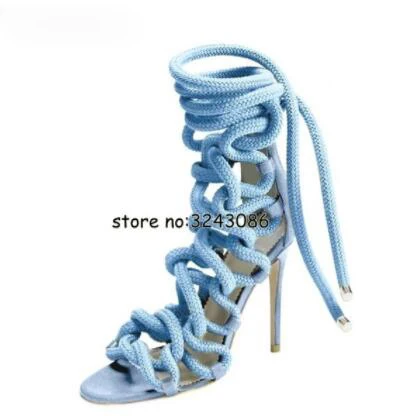 

Newest Designer Rope Braided Lace-up High Heel Sandal Sexy Open toe Cut-out Gladiator Strappy Sandal Boots Women Dress Shoes