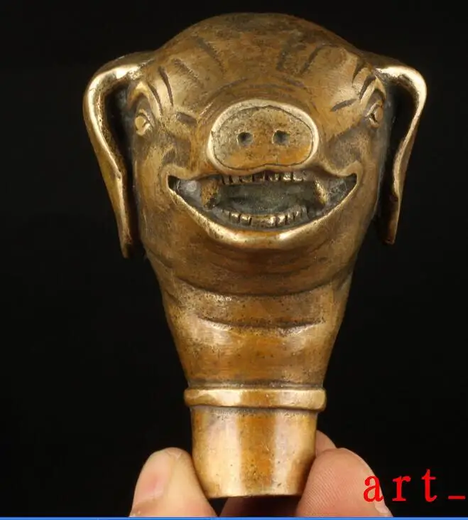 Коллекционная старинная ручная литая латунная свинья статуя костыль трость