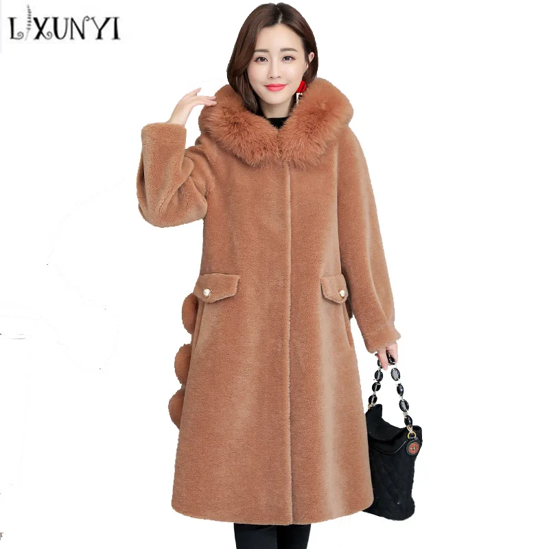 LXUNYI Elegant Faux Fur Long Coats Women Thick Winter Jacket Casual Wide Waist Single Breasted Long Sleeve Faux Fur Coat Female