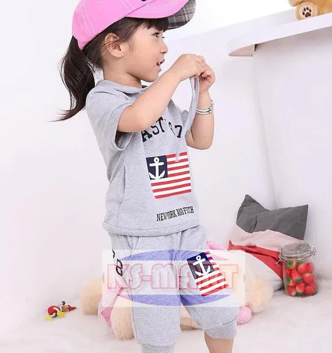 DHL free 20sets 100% cotton children short sleeve clothing set (hooded T-shirt+pant) CREAM 369 SUGARY boys girl KM1043 |
