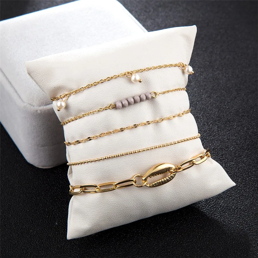 5 шт. Женский комплект браслетов многослойный металлический корпус бусы золотые