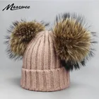Женская шапка с помпоном из меха енота, зимние теплые шерстяные шапки, шапки для девочек и мальчиков, осенне-зимние лыжные шапки, шапочки с помпоном для взрослых