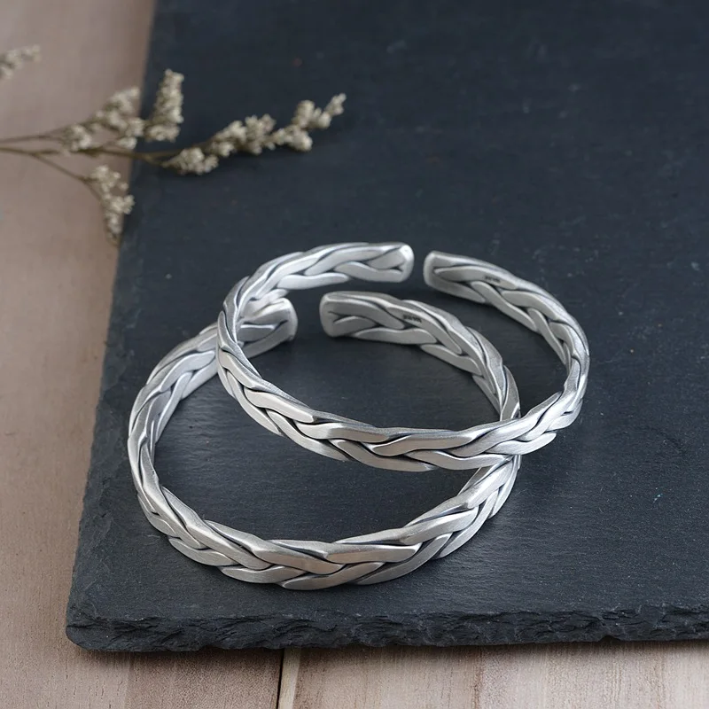 HFANCYW Fine Silver Silk Woven Bracelet Wholesale S990 Antique Thai Craft Interweave Couple Style Bangle Jewelry | Украшения и
