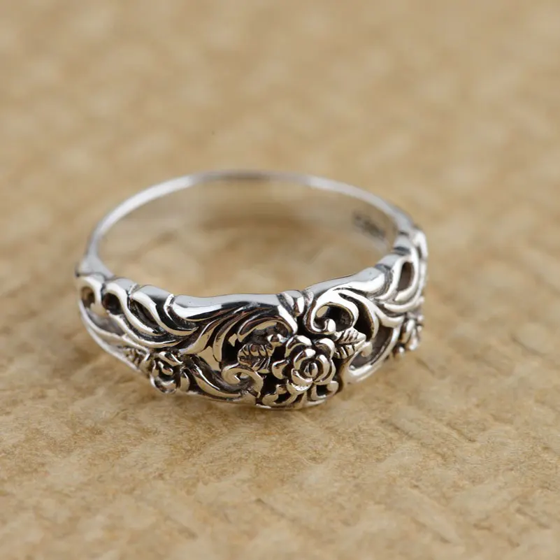 Женское Винтажное кольцо FNJ 925 пробы Серебряное с цветком розы S925|thai silver ring|rose flower